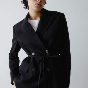 Double-breasted striped jacket with a thin belt